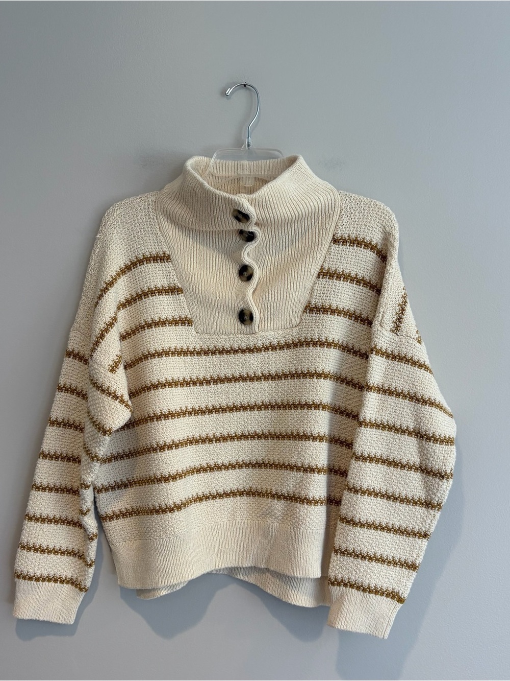 Madewell Cream Sweater with Tan Stripes and Button Cowl Neck Size XL